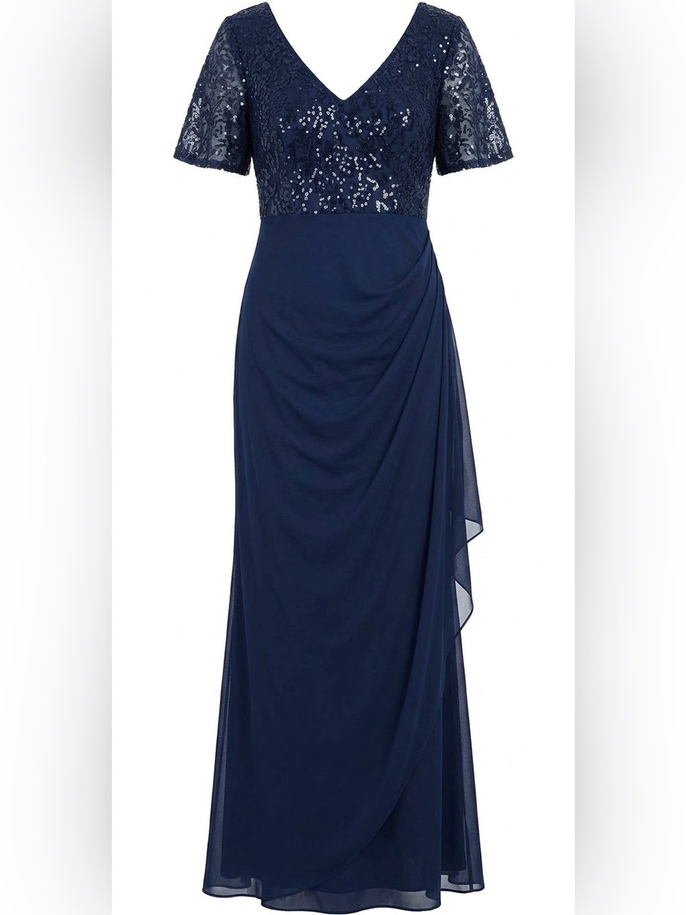 Alex Evenings Navy Blue Sequin Bodice Flutter Sleeve Long Gown Size 18 Formals - Picture 2 of 8